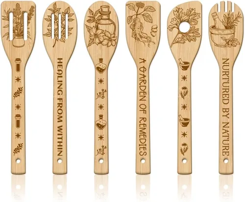 GLOBLELAND Juego de 6 cucharas de madera a base de hierbas, juego de utensilios de cocina de bambú para refinar tallado de bambú, juego de espátulas