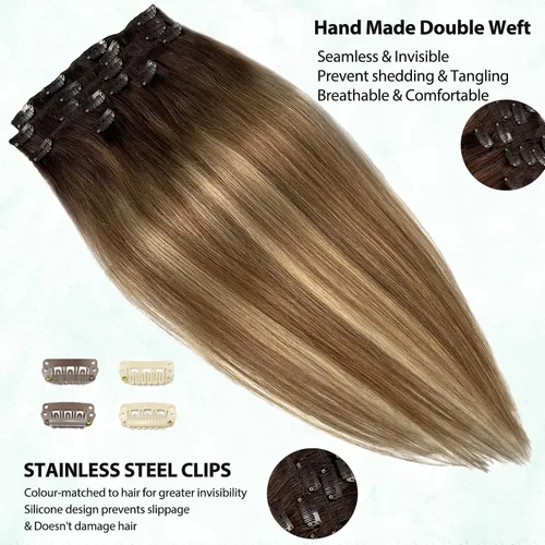 Miniatura 3 de Extensiones de cabello con pinza Valiilo, cabello humano, 70 g, 7 unidades, estilo balayage, color nogal marrón a marrón ceniza y rubio medio