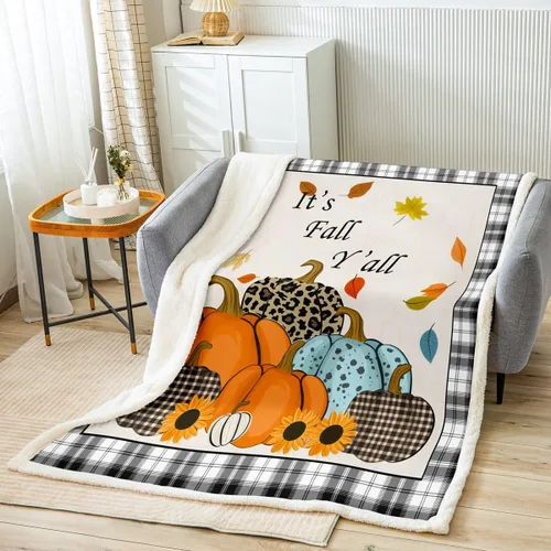 Miniatura 9 de Manfei Manta de otoño con diseño de hojas de calabaza, dibujos animados, arcoíris, zorro, oso, ciervo, para niños y niñas, manta de cosecha de otoño