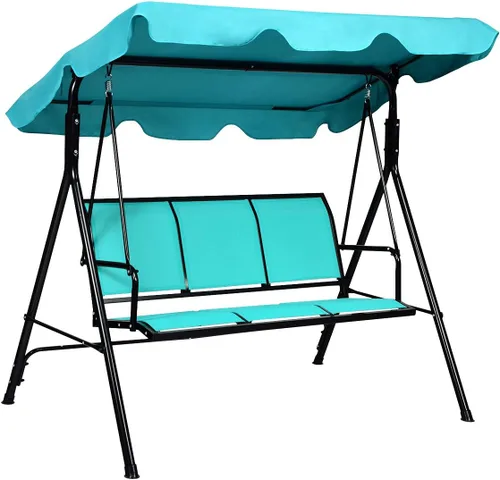 Miniatura 10 de TANGKULA Columpio de patio para 3 personas, marco de acero con toldo ajustable de ángulo de poliéster, banco de columpio resistente a todo
