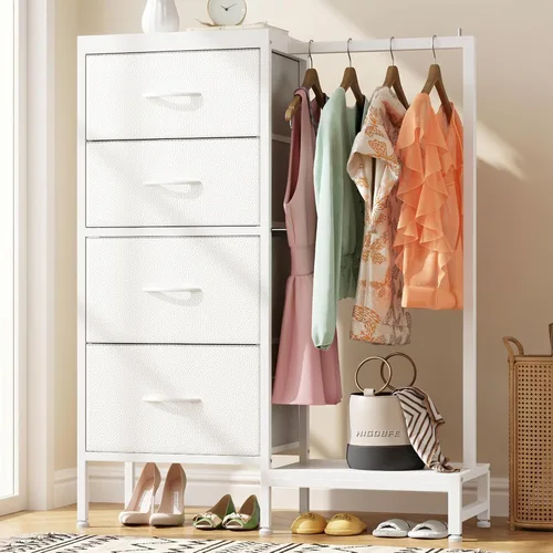 Miniatura 11 de HIGDBFE Cómoda con estante para colgar, armario pequeño de 4 cajones para dormitorio, cómoda de tela reversible para niños con perchero, torre
