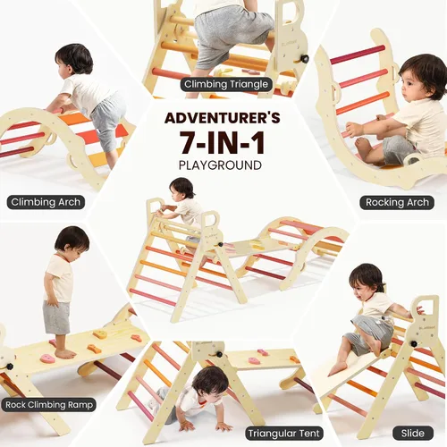 Miniatura 3 de Conjunto de triángulo Pikler BlueWood, juguetes de escalada de madera para niños pequeños, juguete de escalada plegable de 7 en 1 para niños