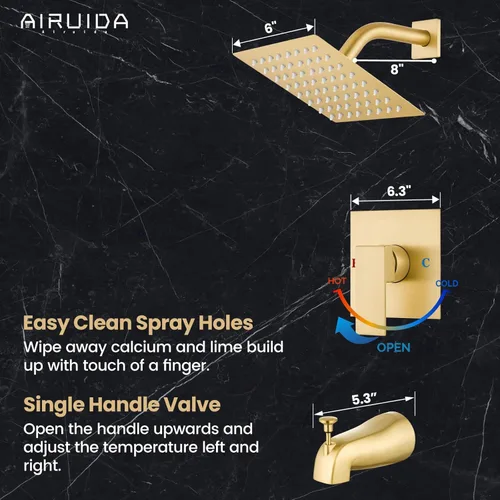 Miniatura 4 de Airuida Juego de grifo de ducha con boquilla de bañera, juego completo de grifo de bañera con válvula de latón macizo y cabezal de ducha cuadrado