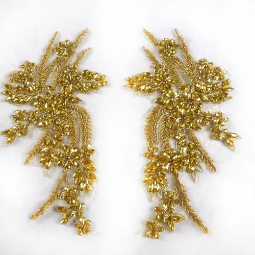 Miniatura 7 de Parches de diamantes de imitación hechos a mano, apliques de cuentas para decoración de vestidos de novia, apliques de flores de oro Oro-b