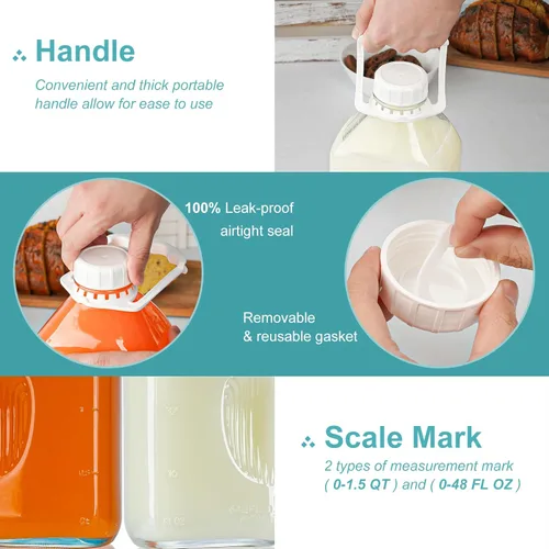 Miniatura 4 de Ritayedet Paquete de 3 Botellas de Leche de Vidrio Resistente de 64 Oz con 2 Boquillas de Silicona, 4 Asas y 4 TAPAS DE ROSCA Herméticas