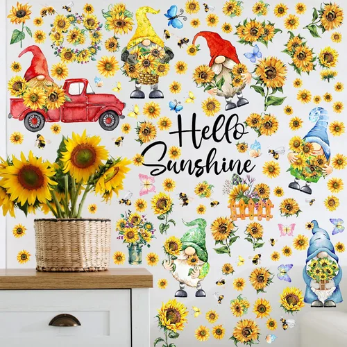 Miniatura 3 de Capoda 122 calcomanías de pared de primavera, 6 hojas, calcomanías de pared de gnomo de girasol, decoración de camión de gnomo, decoración