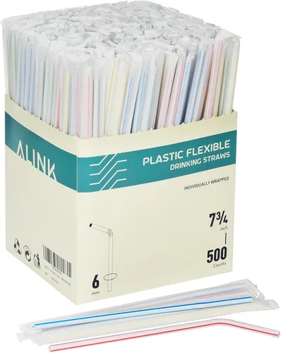 Miniatura 9 de ALINK Paquete de 100 pajitas flexibles a rayas, pajitas flexibles desechables de plástico, 7.75 x 0.23 pulgadas