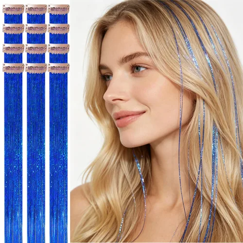 Miniatura 29 de Celinebella 6 extensiones de cabello con clip de mezcla de color rojo, plateado y azul, 6 unidades, resistentes al calor, para mujeres, 17-Azul