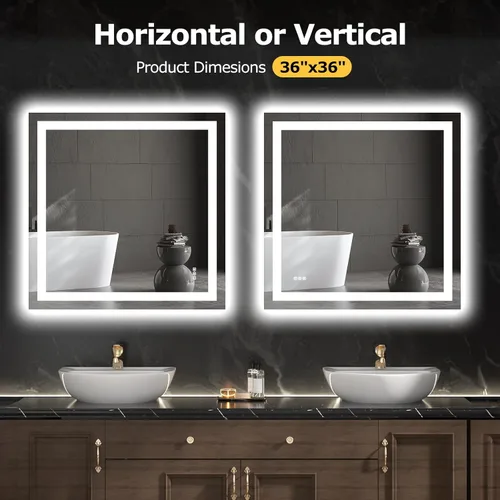 Miniatura 5 de Hivone 36x36 Espejo de baño LED con luces, antiempañamiento, regulable, retroiluminado + iluminación frontal, espejo de tocador de baño inteligente
