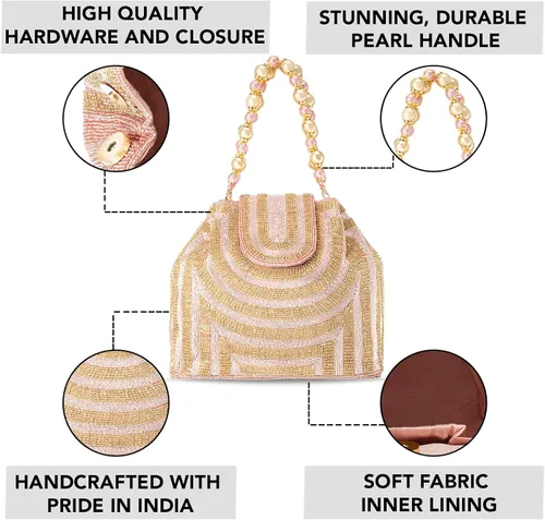 Miniatura 3 de Aheli Potli - Bolsas de noche para mujer, bolso de mano étnico para novia con cordón (P59C), Oro Rosa