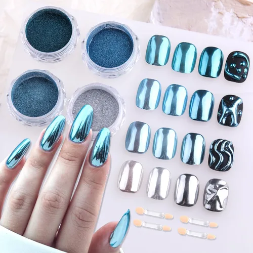 Miniatura 14 de Polvo de uñas cromado, efecto espejo, polvo metálico, 6 colores, bronce, marrón, negro, oro rosa, holográfico, purpurina cromada, pigmento en polvo