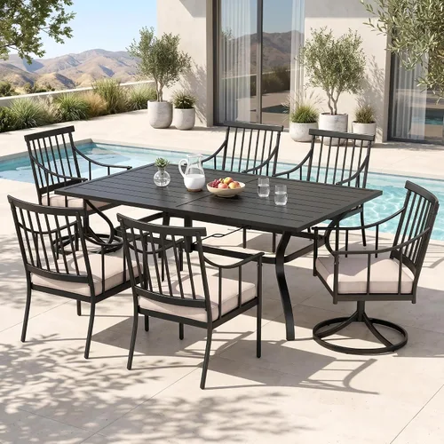 Miniatura 25 de PHI VILLA Juego de comedor al aire libre de 7 piezas con cojín, mesa de comedor rectangular de metal de 60 pulgadas con agujero para sombrilla y 6