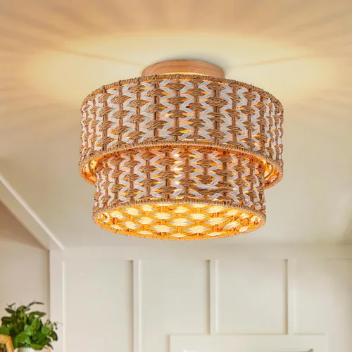 Lámparas de Techo Bohemias de Ratán de 2 Niveles Pantalla de Lámpara de Tambor Tejida a Mano Lámpara de Techo Empotrada Dosel de Madera Candelabro