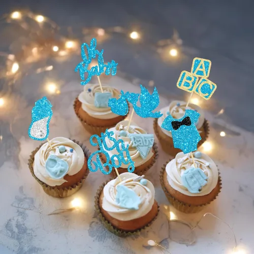 Miniatura 7 de 24 adornos para cupcakes Oh Baby con purpurina azul "It's a Boy" con botella de cisne, para baby shower, revelación de género, decoraciones