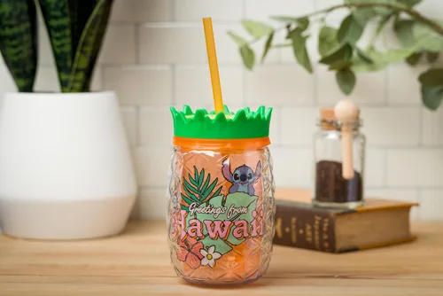 Miniatura 9 de Silver Buffalo Disney Lilo y Stitch Saludos desde Hawái con Scrump, Vaso de doble pared con forma de piña, 473 ml (16 oz)