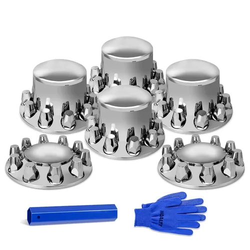 Miniatura 8 de Kit de cubierta de eje delantero de 2 cúpulas cromadas con cubiertas de tuerca de lengüeta de rosca de 32 mm/33 mm con tapas de buje removibles