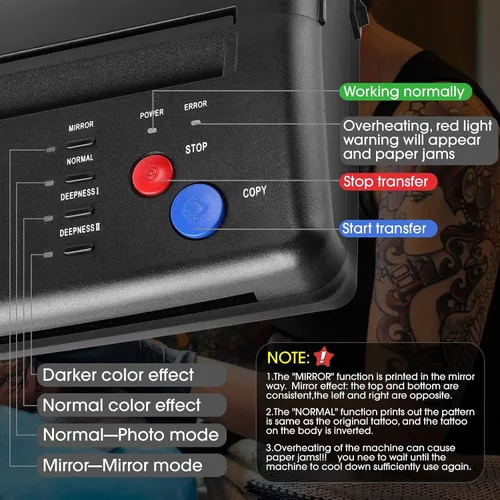 Miniatura 4 de Impresora fotocopiadora de plantillas de transferencia de tatuajes con 20 piezas de papel de transferencia de tatuajes, kit de tatuaje térmico