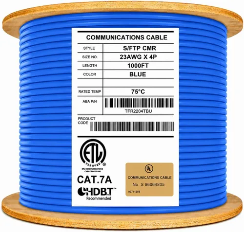Elite Elevador blindado CAT7A (CMR), cable Ethernet de 1000 pies, par trenzado de lámina blindada (S/FTP) 23 AWG, cobre puro puro sólido, 1000 MHz,