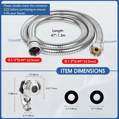 Miniatura 4 de Kit de rociador de manguera de tazón de champú con conector G1/2 pulgadas, manguera de champú de acero inoxidable de 47 pulgadas con cabezal