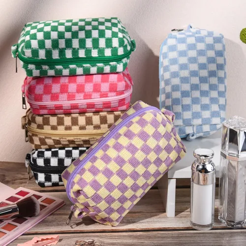 Miniatura 5 de SOIDRAM 6 Piezas Bolsa de Maquillaje a Cuadros Preppy Bolsa de Cosméticos a Granel Rosa Negra Bolsa de Maquillaje Personalizada Bolsa de Viaje de 6
