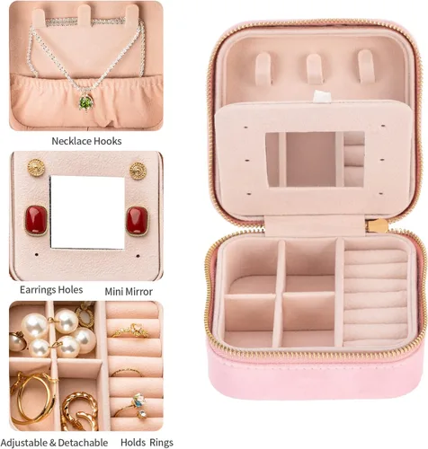 Miniatura 5 de Smileshe Joyero de terciopelo para mujeres y niñas, pequeño organizador de viaje con espejo, mini estuche de regalo portátil, cajas