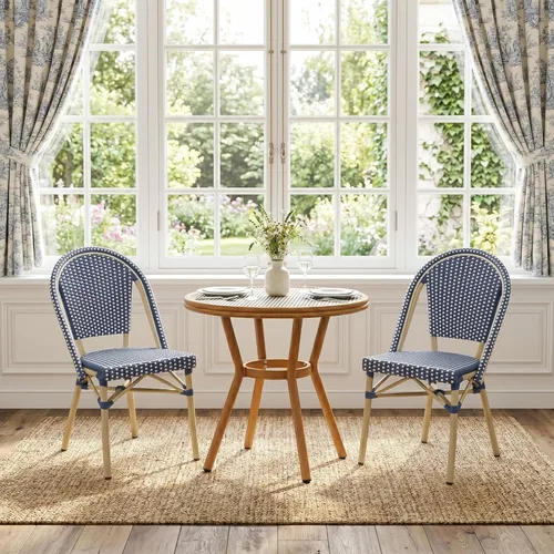 Miniatura 37 de PURPLE LEAF Juego de 1 silla de comedor al aire libre, marco de aluminio francés en acabado de bambú con ratán tejido ámbar y blanco para cocina