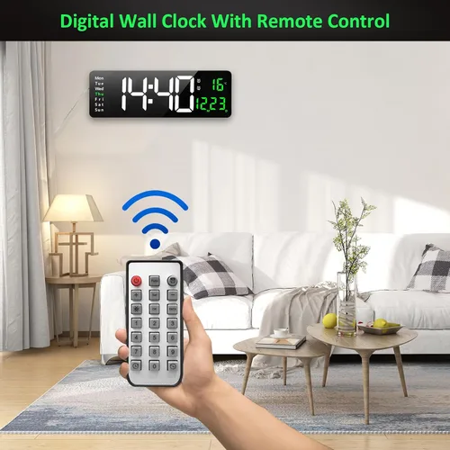 Miniatura 7 de Reloj de pared digital grande, reloj de pared digital de 16 pulgadas con hora, fecha, temperatura, semana, temporizador, 12/24 horas, atenuación