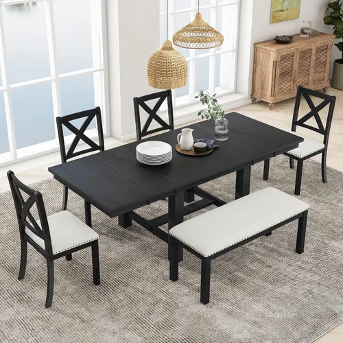 Miniatura 9 de RuiSiSi 6 Piece Solid Wood Dining Table Set, Farmhouse Extendable Kitchen Table with a Bench and 4 Padded Chairs, 4-6 Dining Table Set with Bench