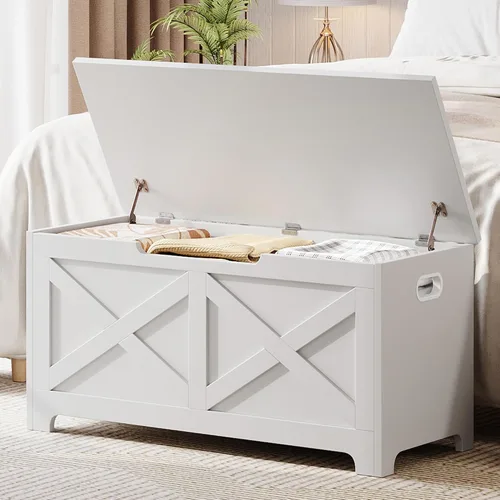 Miniatura 16 de GAOMON Baúl de almacenamiento, banco de almacenamiento de madera, banco de zapatos de estilo moderno con bisagra de seguridad para entrada
