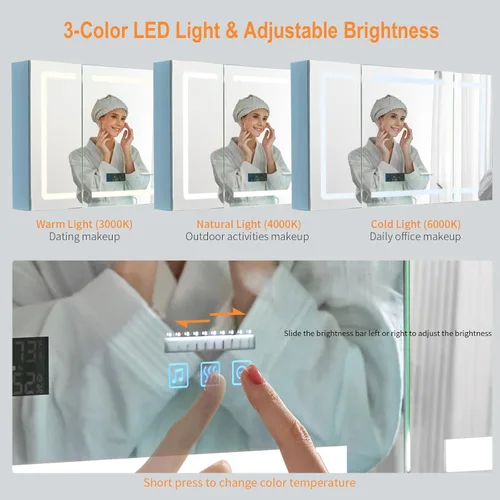 Miniatura 5 de FCH Botiquín LED con espejo inteligente, botiquín de baño de 48 pulgadas de ancho con Bluetooth y altavoz, reloj, pantalla de temperatura ambiente
