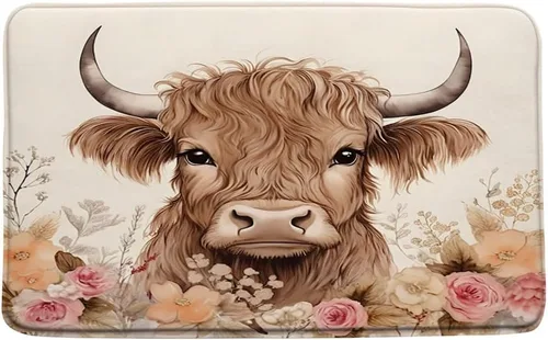 Highland - Tapete de baño de vaca de moda, diseño de toro rosa, hojas florales, lindo ganado rústico, animal de campo, naturaleza, baño, cocina,