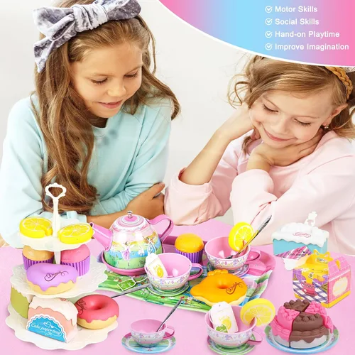 Miniatura 7 de PRE-WORLD - Juego de té para niñas pequeñas, 50 piezas de juguete de princesa para fiestas de té, incluye postre, galletas, dona, bandeja de tetera