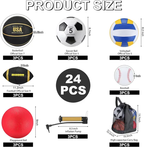 Miniatura 2 de Leyndo Juego de 18 Pelotas Deportivas a Granel Baloncesto Fútbol Americano Voleibol Fútbol Soccer Parque Infantil Béisbol con Bolsa de Equipo Negro