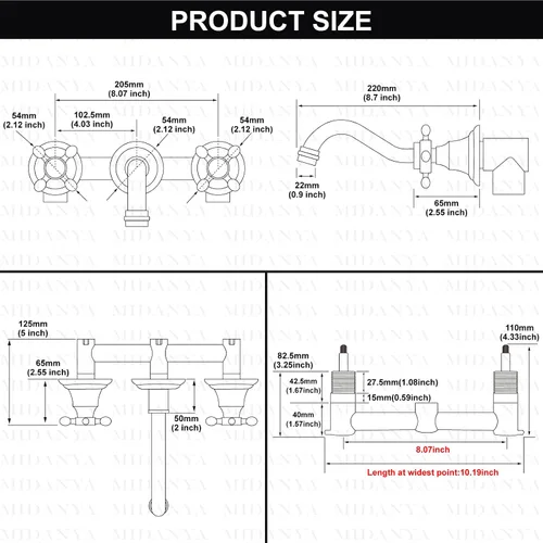 Miniatura 6 de Midanya Grifo de fregadero de baño extendido para montaje en pared, 3 agujeros, 2 pomos cruzados, latón lavabo mezclador, boquilla mezcladora, doble