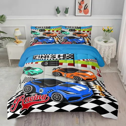 Miniatura 28 de Juego de edredón para niños Axolotl, tamaño individual, juego de ropa de cama con diseño de autos de carreras para niños, niñas, adolescentes