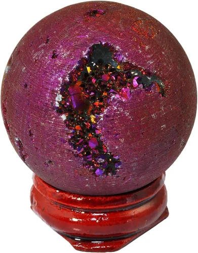 Nupuyai Esfera de ágata de geoda druzy revestida de titanio con soporte de madera, bola de cuarzo de cristal de energía curativa para decoración de