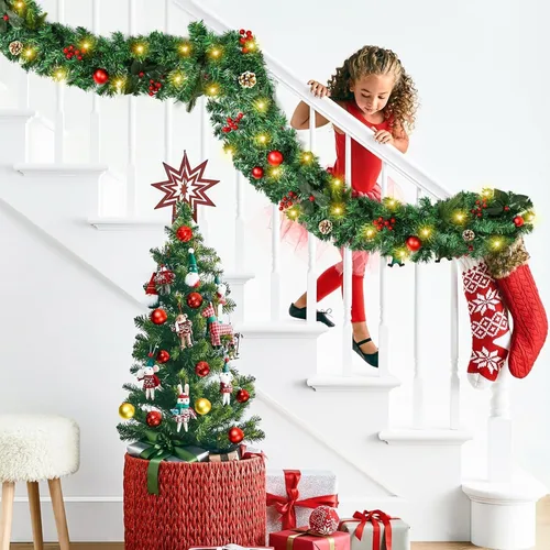 Miniatura 5 de Beinhome Guirnalda de Navidad Preiliminada de 9 Pies, Guirnalda Artificial de Puerta de Navidad con Temporizador de Luces, Decoraciones de Guirnalda