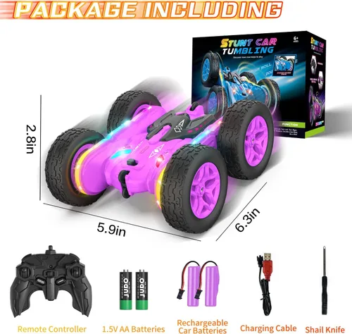 Miniatura 6 de Terucle Coche de Control Remoto, Coches RC Acrobacias Juguetes de Coche RC Nuevas Luces LED y Faros Mejorados Juguetes para Niñas Doble Cara Morado