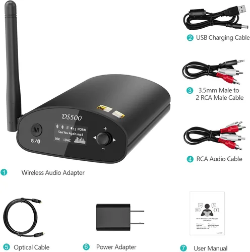 Miniatura 8 de 1Mii DS500 Receptor Bluetooth 5.3 de alta resolución, DAC audiófilo de 32 bits/384 kHz, LDAC sin pérdida y aptX HD, pantalla OLED, ecualizador