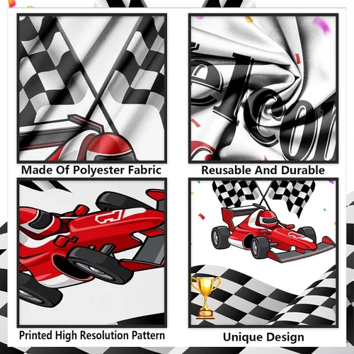 Miniatura 3 de Decoración temática de bienvenida para fanáticos de carreras de coches de carreras de cumpleaños para cabina de fotos, telón de fondo, trofeo