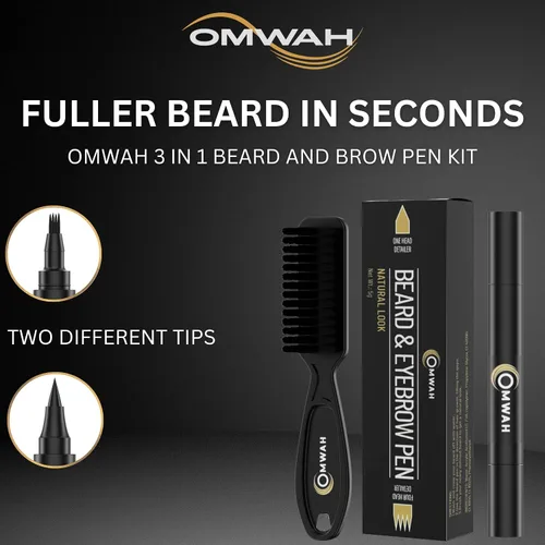 Miniatura 2 de OMWAH Relleno de lápiz para barba y cejas para hombre, resistente al agua, cepillo para barba, acabado natural de larga duración (marrón oscuro)