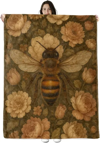 Manta de abeja, regalos para niños y niñas, vintage, abejas y peonías florales para jardín, manta cálida y suave de franela para viajes, sofá,