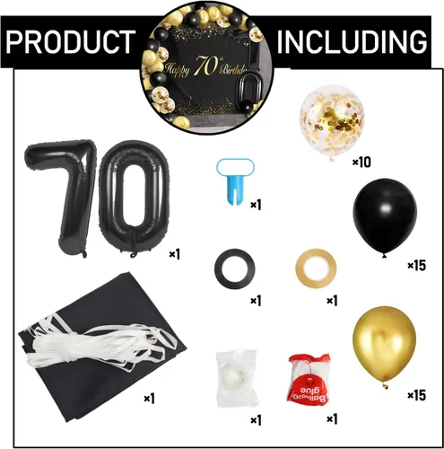 Miniatura 3 de Juego de globos negros de feliz cumpleaños 70 – Decoración de guirnalda temática de fiesta con texto en inglés "Cheers to 70 Years Old Party Theme