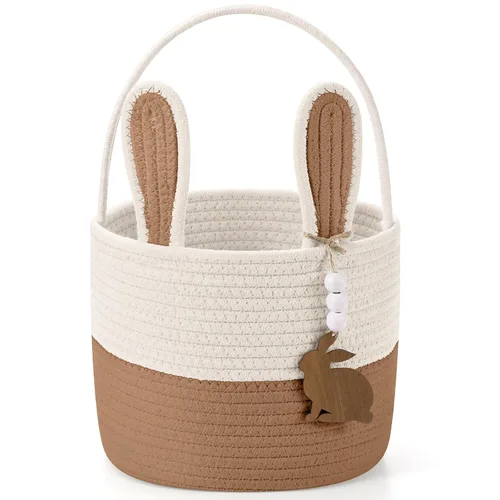 Miniatura 17 de SiliFine Cesta de Pascua para niños, cesta de conejo de Pascua con etiqueta de nombre, oreja de conejo desmontable, regalo tejido rústico para niñas