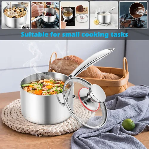 Miniatura 7 de E-far Cacerola de 1 cuarto de galón, sartén de acero inoxidable de tres capas con tapa de vidrio, pequeña olla de inducción de cocción compatible
