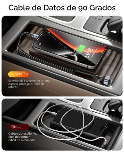 Miniatura 8 de Cable USB A a USB C de 90 grados, paquete de 2 cables USB tipo C en espiral de 3 pies para automóvil, cable de carga rápida USB-C compatible