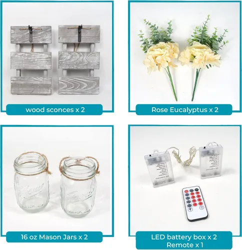 Miniatura 4 de Conjunto de Decoración de Pared Rústica de Dos Piezas - Apliques de Frasco Mason con Luces de Hadas LED y Flor de Rosa, Decoración del Hogar Arte