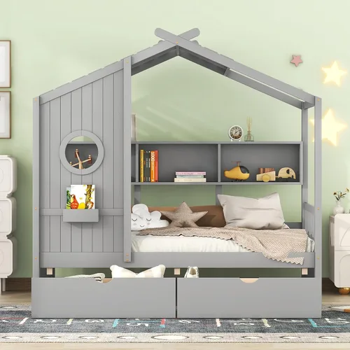 Miniatura 3 de MERITLINE Montessori - Cama de casa de tamaño individual con 2 cajones y estantes de almacenamiento, marco de cama de madera para niños, tienda