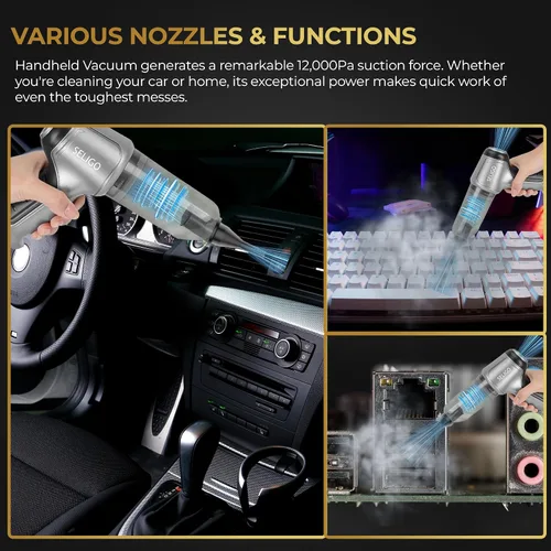 Miniatura 5 de Aspirador de coche inalámbrico 3 en 1 y plumero de aire - Motor sin escobillas de 75,000 rpm, succión de 12,000 Pa - Mini aspiradora de mano