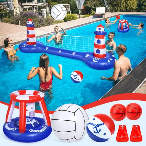 EagleStone Red de voleibol para piscina y aro de baloncesto, flotadores inflables para piscina, juguetes para nadar juegos de agua para adultos y